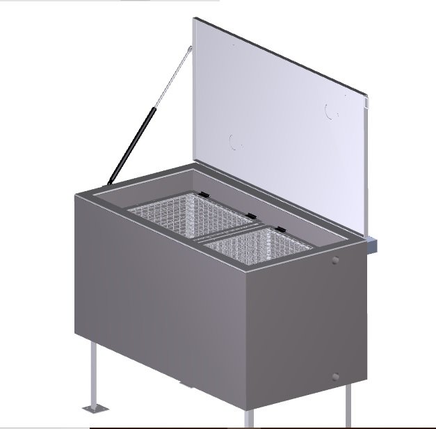 3D design rendering of an industrial annealing tank with a raised lid