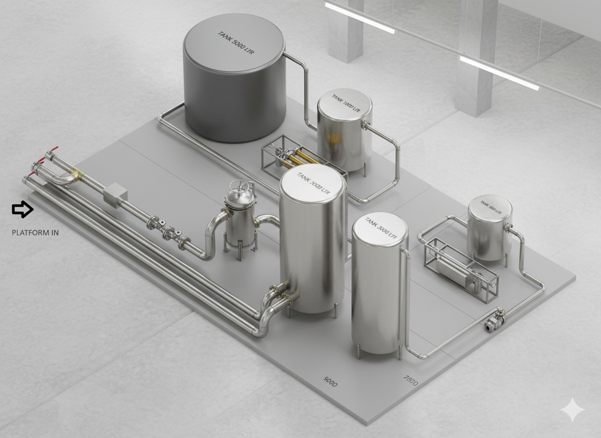 Concept visualization of an RO plant deionisation system with connected process tanks and piping