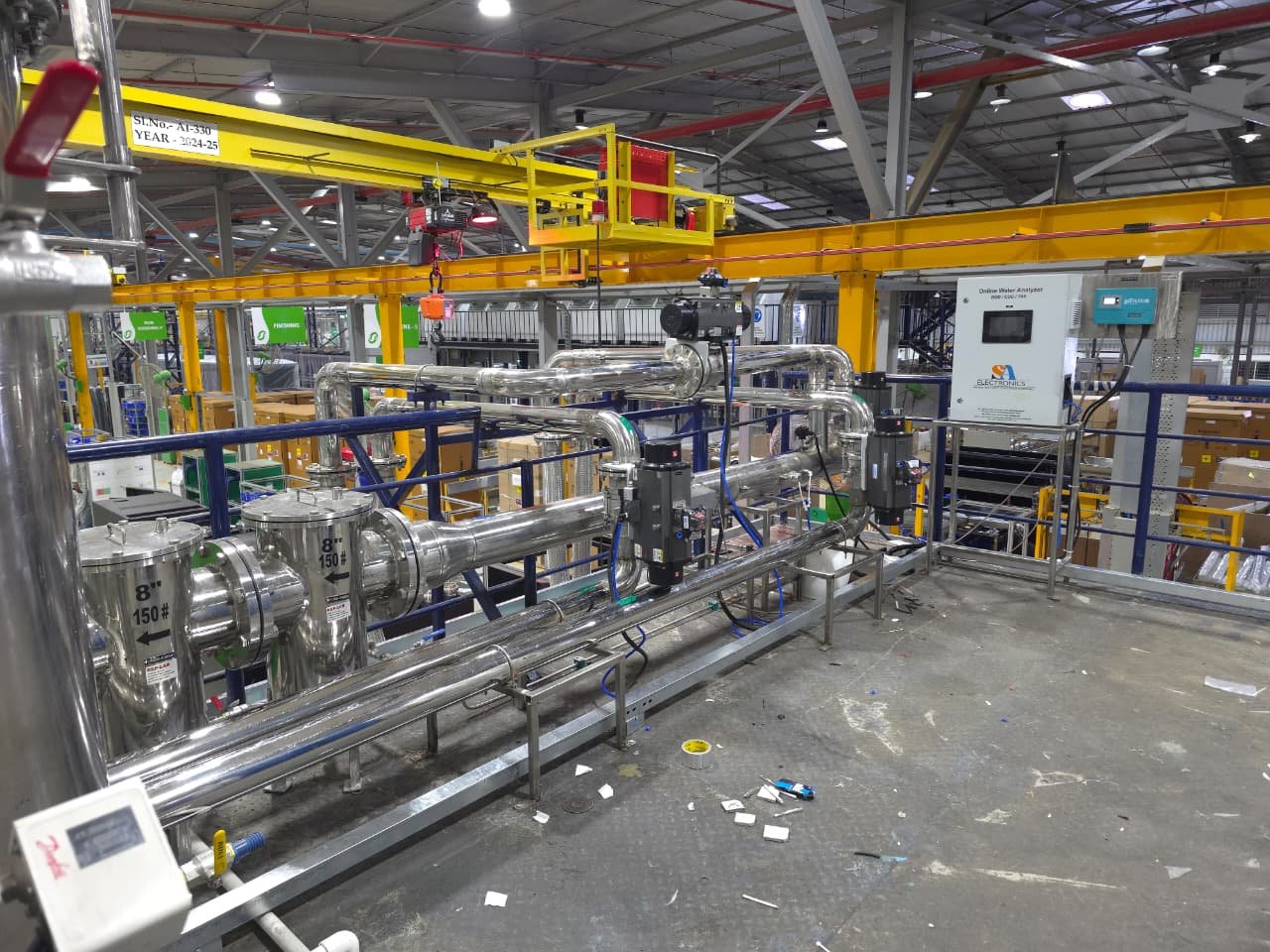 Industrial process test rig with stainless-steel piping and instrumentation